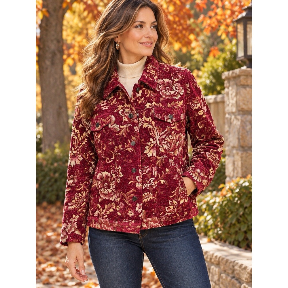 Denim & Co Trucker Jacket Sz 1X Burgundy Floral Heavy Tapestry Autumn Pockets